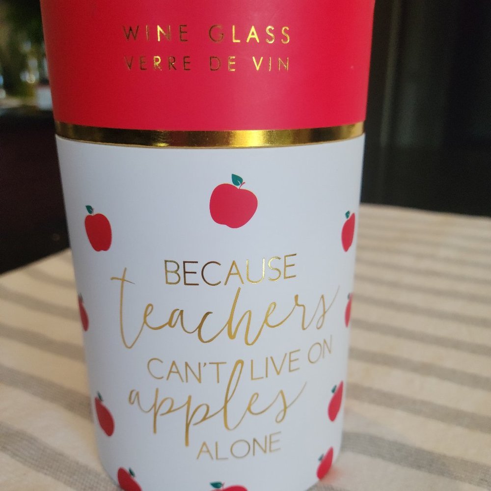 Indigo "Teachers can't live on apples alone" wine glass